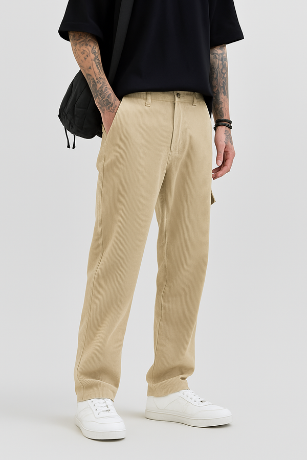 Beige Corduroy Relaxed Fit Casual Pant
